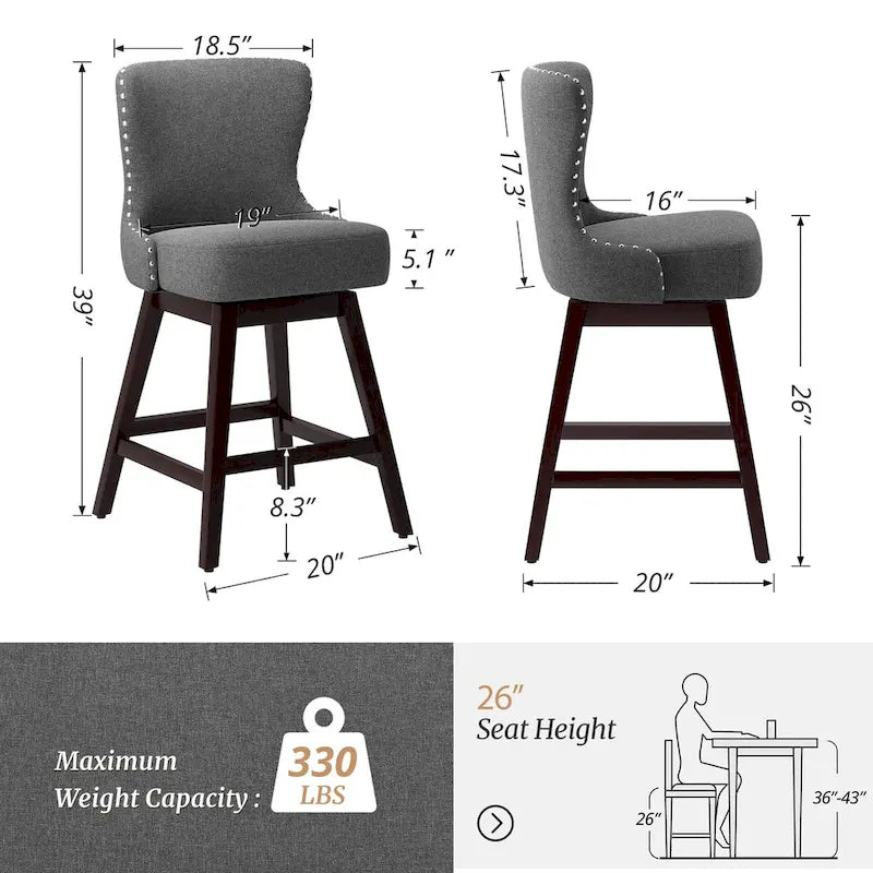 LUE BONA Set of 4 Mid-Century Modern 26-Inch Swivel Counter Stools with Faux Leather and Fabric Upholstery for Kitchen Island