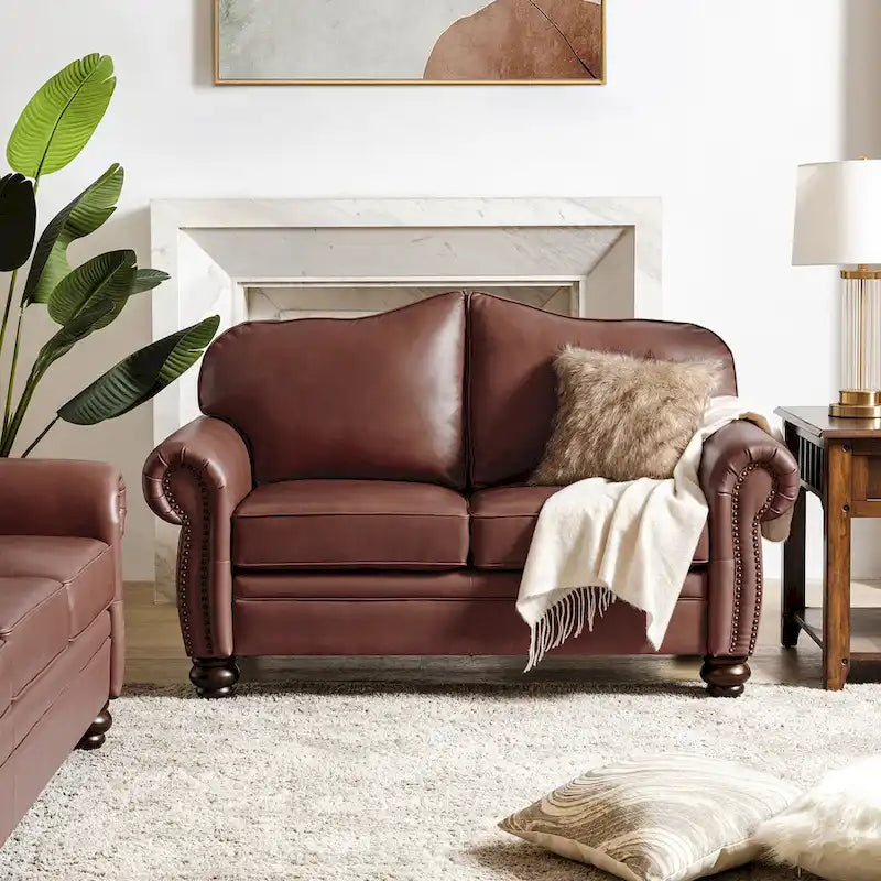 Leather Loveseat Sofa with Rolled Arms and Nailhead Trim