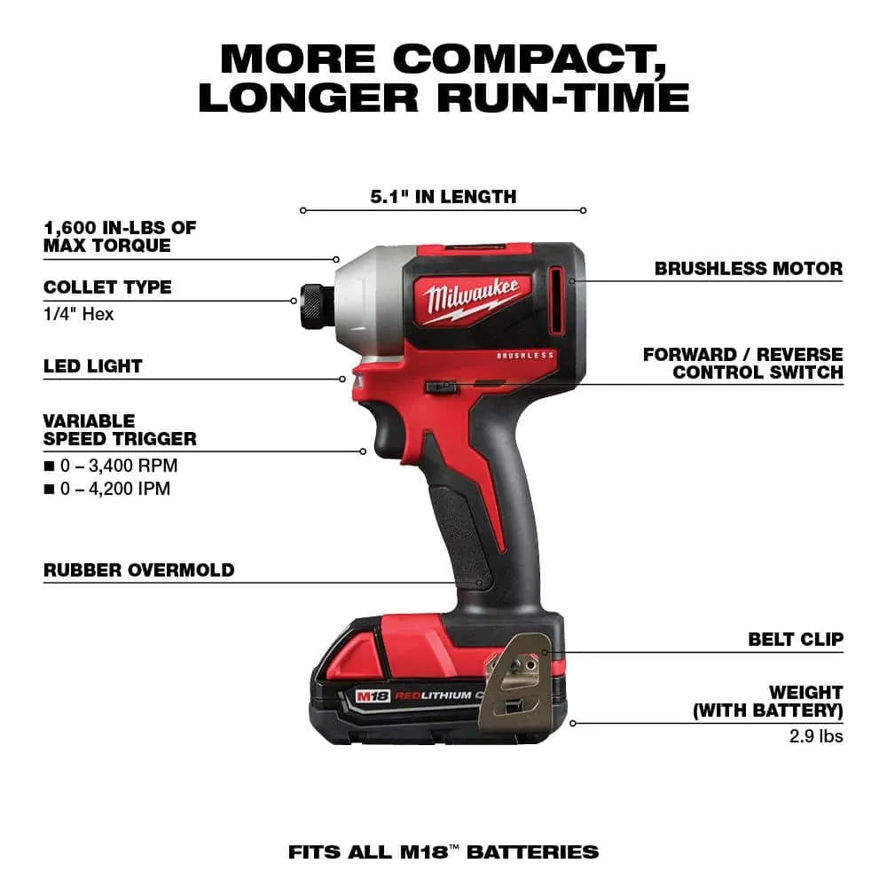 M18 18V Lithium-Ion Brushless Cordless Compact Drill/Impact Combo Kit (2-Tool) W/ (2) 2.0Ah Batteries, Charger & Bag 2892-22CT