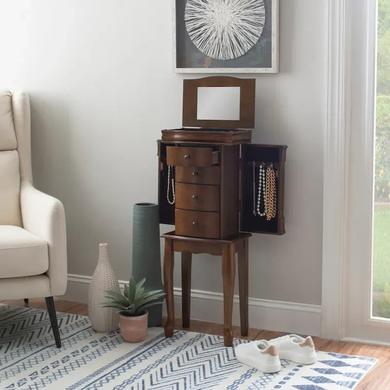 Serena Walnut Jewelry Armoire with Mirrored Finish