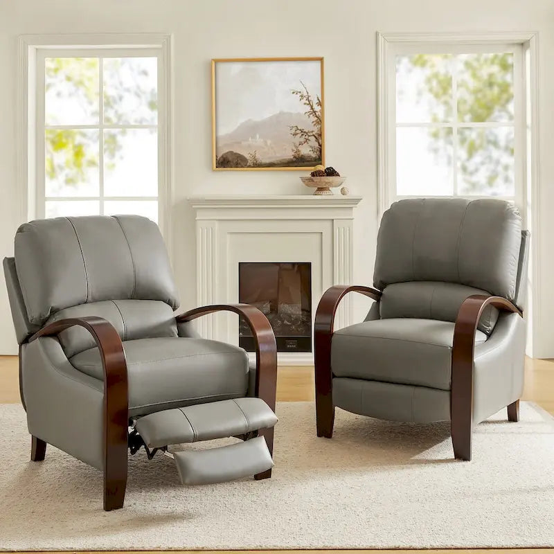 Set of 2 Alex Mid-Century Modern Genuine Leather Manual Recliners with Curved Wooden Arms