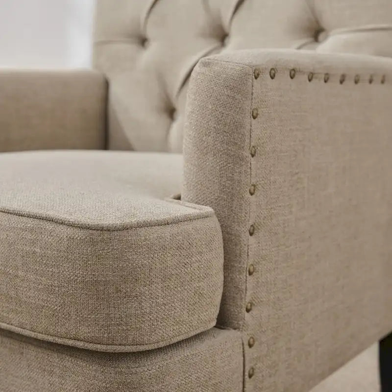 Set of 2 Arm Chair Upholstered Button Tufted Accent Chair with Lumbar Pillow Beige/ Grey/ Light Blue