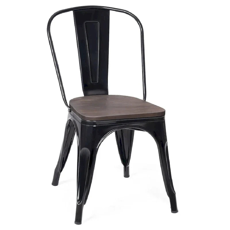 Set of 4 Stackable Bistro Cafe Dining Chairs with Metal Frame and Wooden Seat - Details Inside