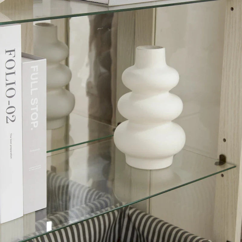 Illuminated Glass Curio Display Cabinet with Adjustable Shelves, Double Doors, and Drawer - Glass Wine Storage Solution