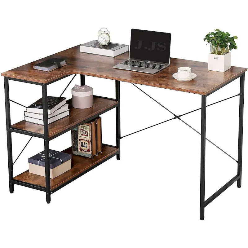 L Shaped Computer Desk with Bookshelf Storage for Home Office
