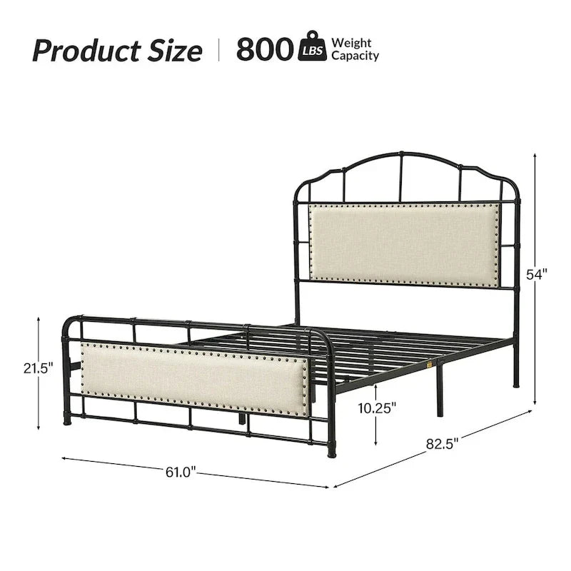 HULALA HOME Eufemia Industrial 62-Inch High Headboard Metal Platform Bed Frame