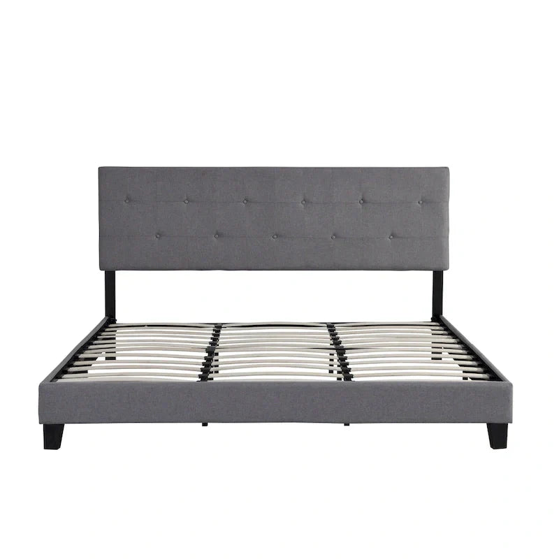 King Size Upholstered Platform Bed with Button-Tufted Linen Headboard