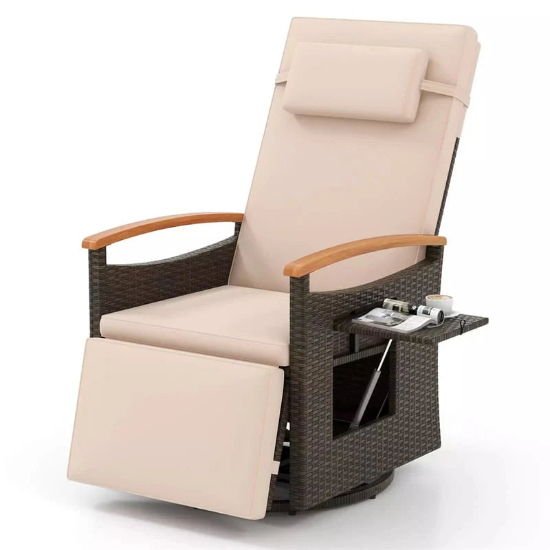 Outdoor 360° Swivel Rattan Recliner Chair with Adjustable Backrest & Footrest, Patio Wicker Chaise Lounge Chair with Flip Side Table & Cushion