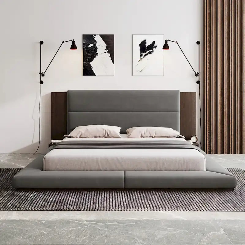 King Gray Upholstered Low Profile Platform Bed with Extended Wood Headboard and Integrated Nightstand Shelves