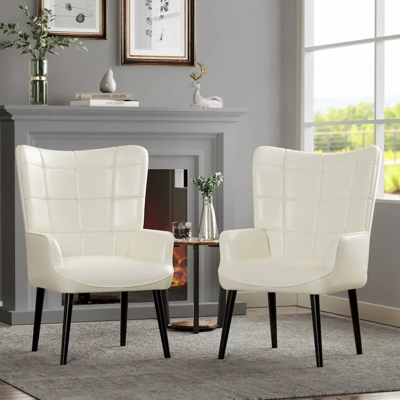 Set of 2 High-Back Tufted Accent Chairs in Cream, Brown, and Taupe
