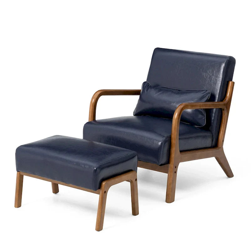Glitzhome 30.75-Inch Mid-Century PU Leather Armchair and Ottoman Set
