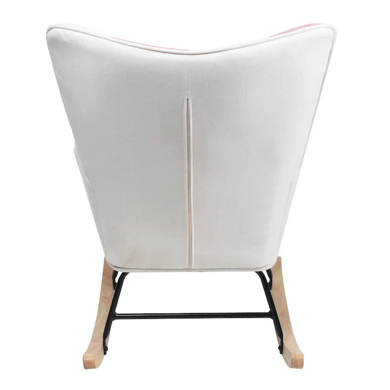 Mid-Century Patchwork Linen Rocking Chair with Wooden Legs