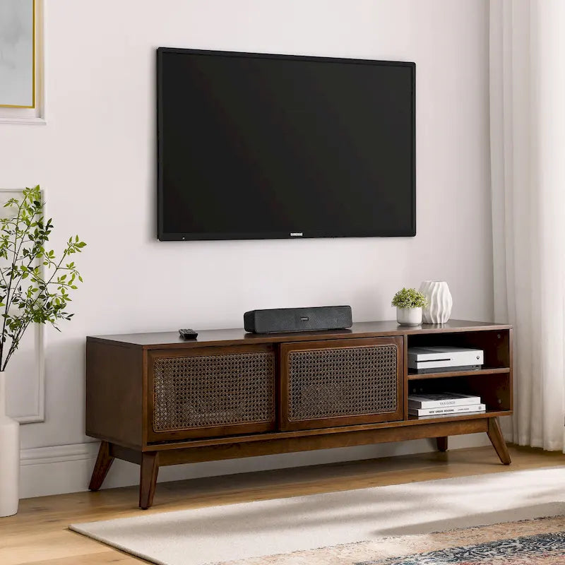 Mid Century TV Stand with Rattan Sliding Doors and Open Shelves