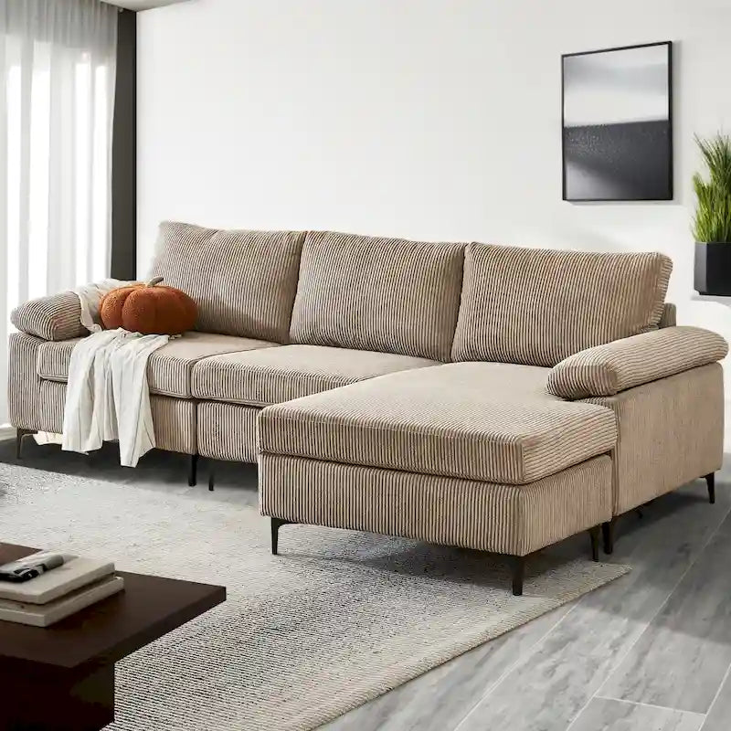 HOOOWOOO Reversible Corduroy Chaise Sofa with Wide Armrests and Ottoman for Living Room