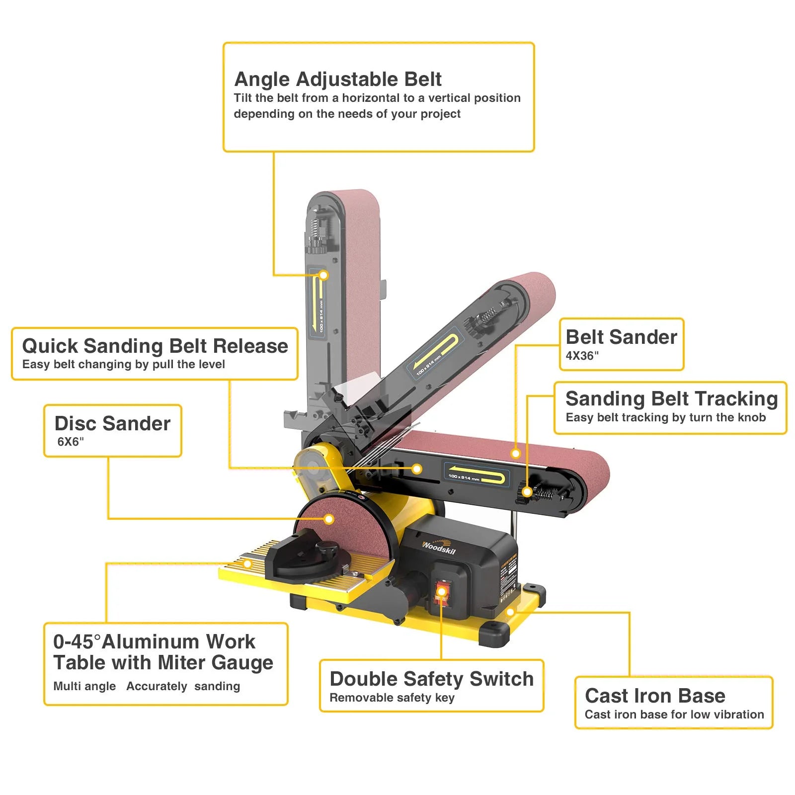 Woodskil 4.3A Belt Sander, 4 x 36 in. Belt & 6 in. Disc Sander
