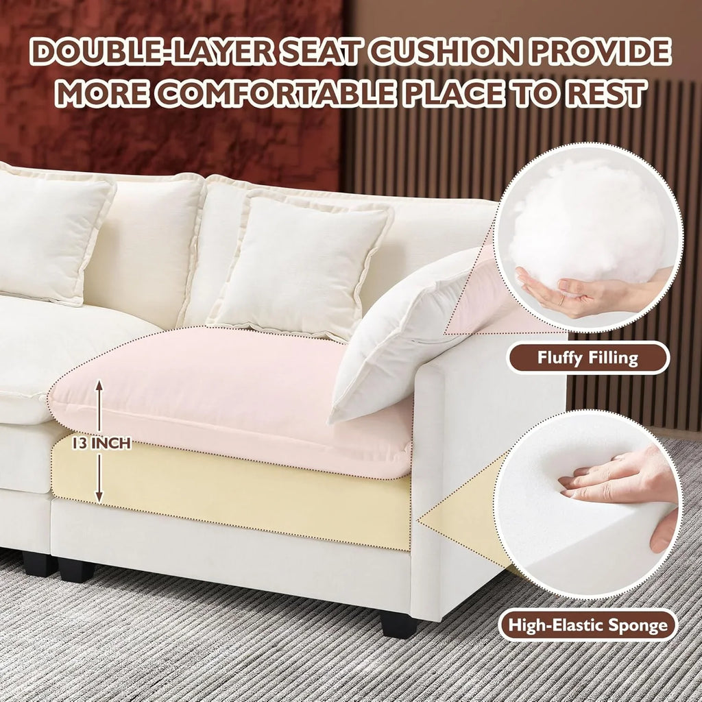 Ihanherry 146" U-Shaped Modern Sofa Modular Sectional Cloud Couch with 2 Ottoman, 6-Seat Chenille Deep Seat Sofa with 6 Pillows for Living Room, Bedroom and Apartment, Grey