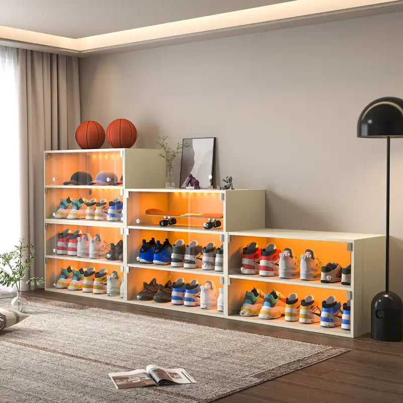 LED-Illuminated Glass Door Shoe Storage Cabinet for Sneakers