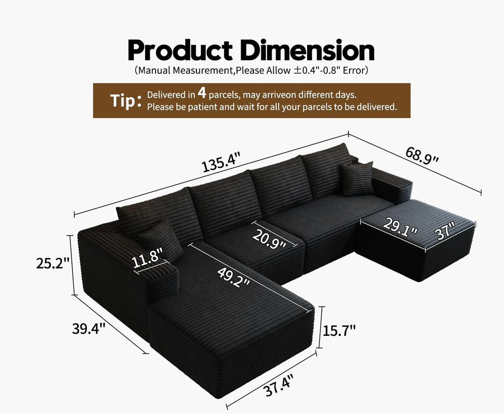 107.5" Cloud Modular Sectional Sofa Couch with L-Shape Chaise,Modern Minimalist Upholstered Couches for Living Room Bedroom,Deep Seat Corner Couch .No Assembly Required (Black,Left Facing Chaise)