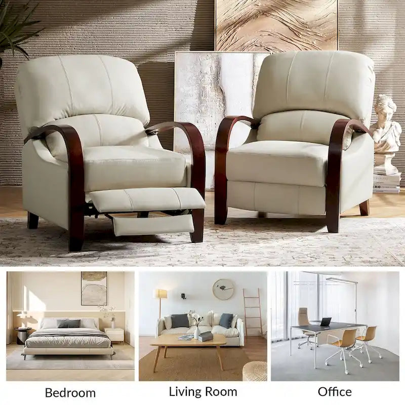 Set of 2 Alex Mid-Century Modern Genuine Leather Manual Recliners with Curved Wooden Arms
