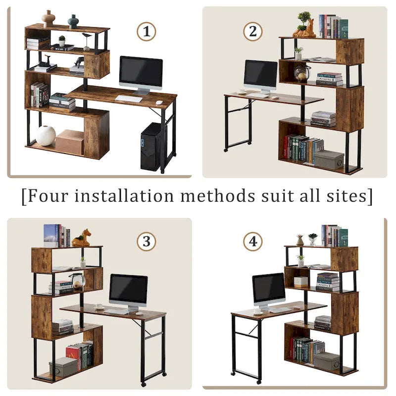 L-Shaped Corner Computer Desk with Rotating Features and 5-Tier Bookshelf for Home Office