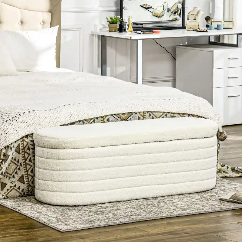 HOMCOM 46-Inch Teddy Fleece Upholstered Storage Ottoman Bench with Wood Frame – Stylish Boucle Storage Solution for Bedroom and Living Room