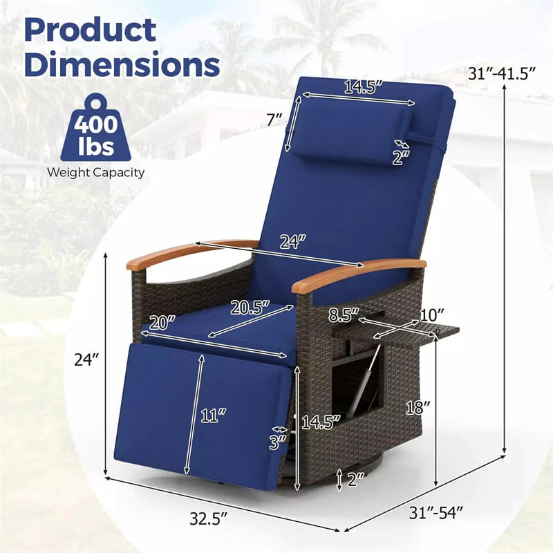 Outdoor 360° Swivel Rattan Recliner Chair with Adjustable Backrest & Footrest, Patio Wicker Chaise Lounge Chair with Flip Side Table & Cushion