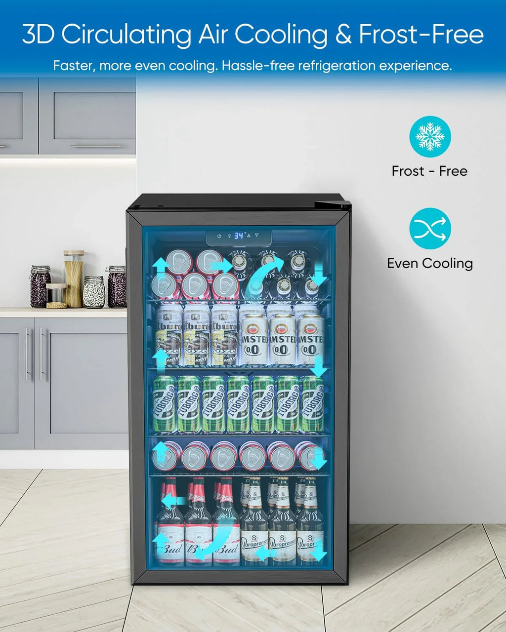 Beverage Refrigerator Cooler - 126 Can Mini Fridge Glass Door for Drinks Soda Beer Wine - Small Refrigerator for Office Bedroom Home Bar, 4 Adjustable Shelves, 3.2 Cu.Ft, Silver