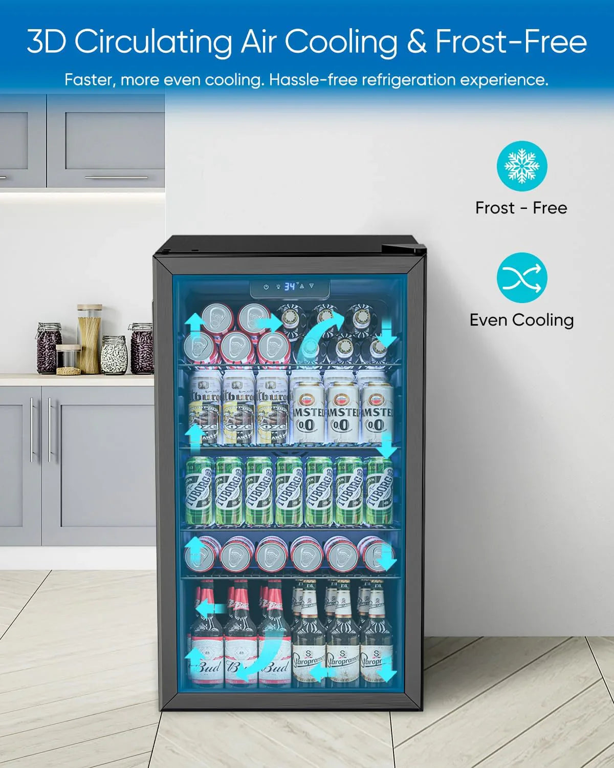 Beverage Refrigerator Cooler - 126 Can Mini Fridge Glass Door for Drinks Soda Beer Wine - Small Refrigerator for Office Bedroom Home Bar, 4 Adjustable Shelves, 3.2 Cu.Ft, Silver