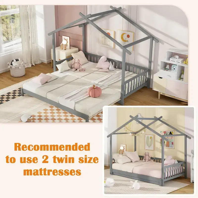 Gymax Twin to King Wooden House Bed Daybed with Safety Rails & Customizable Design