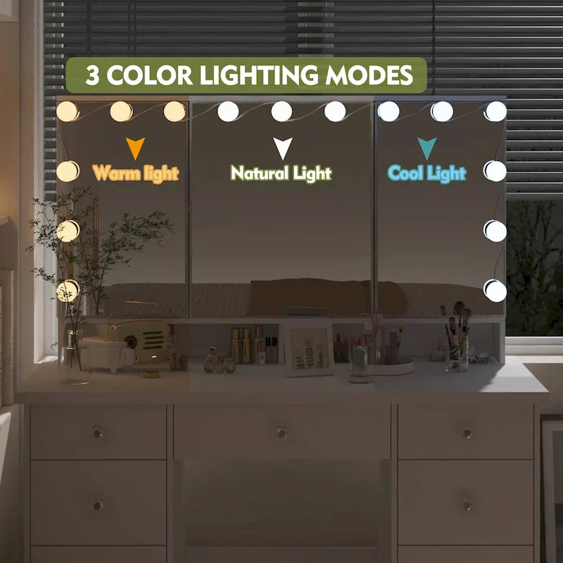 Luxurious LED Makeup Vanity with 9 Drawers Elegant Makeup Station