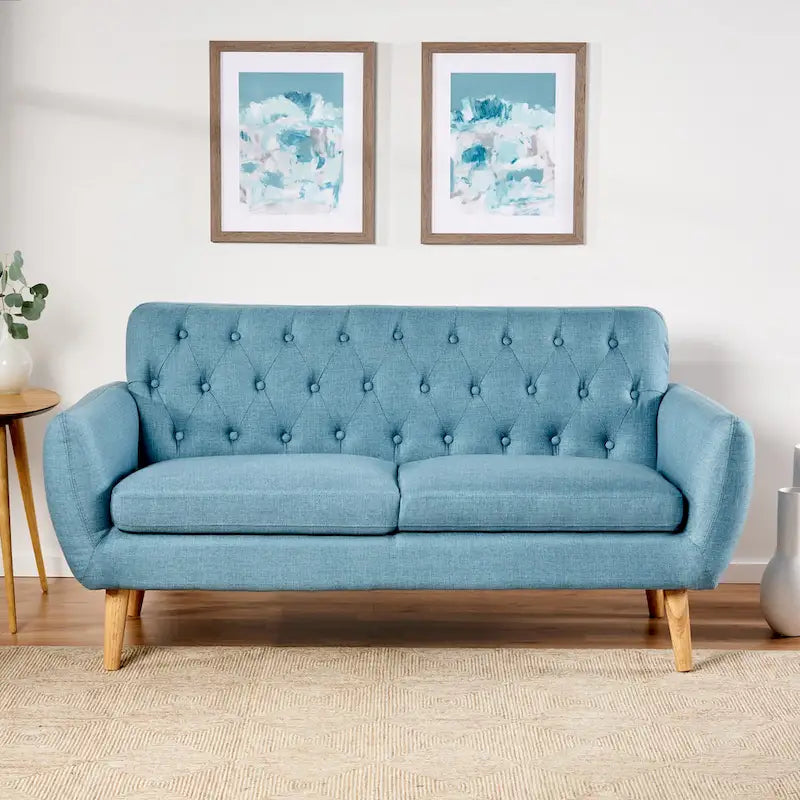 Mid Century Tufted Sofa with Cushioned Seat and Wooden Legs