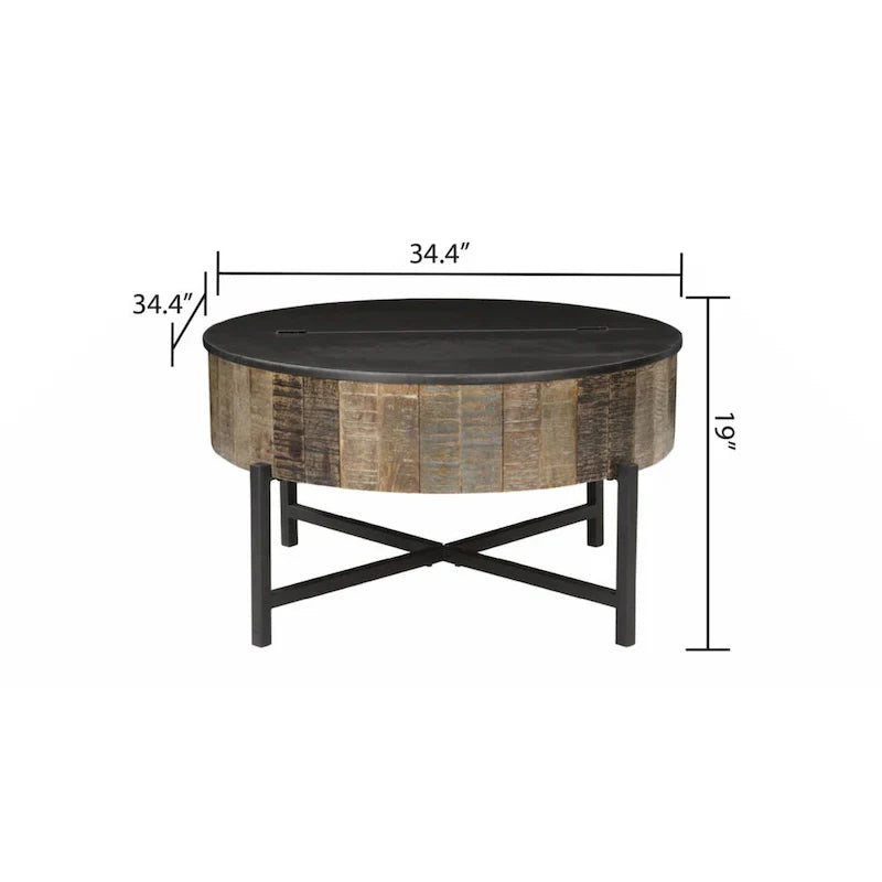 Rustic Vintage Round Coffee Table with Storage