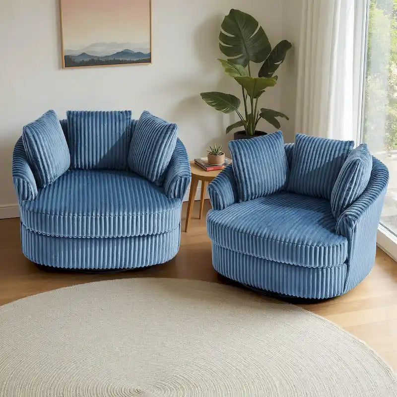 Set of 2 Oversized 43" Plush Corduroy Swivel Barrel Chairs with Cushions
