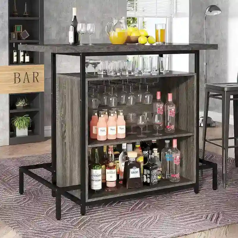 Home Bar Cabinet with Wine Storage Shelves Glass Rack and Footrest