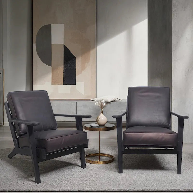 Handcrafted Amber Accent Chair with Slatted Mango Wood, Buffalo Leather Cushions, and Angled Legs