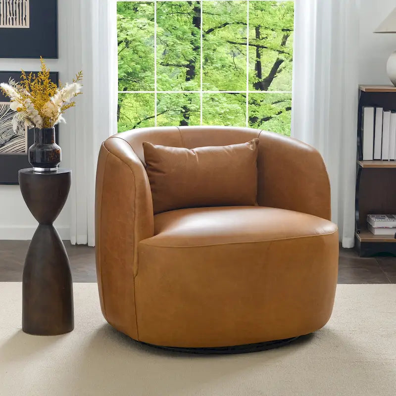 KINWELL Contemporary Genuine Leather Swivel Armchair with Cushion