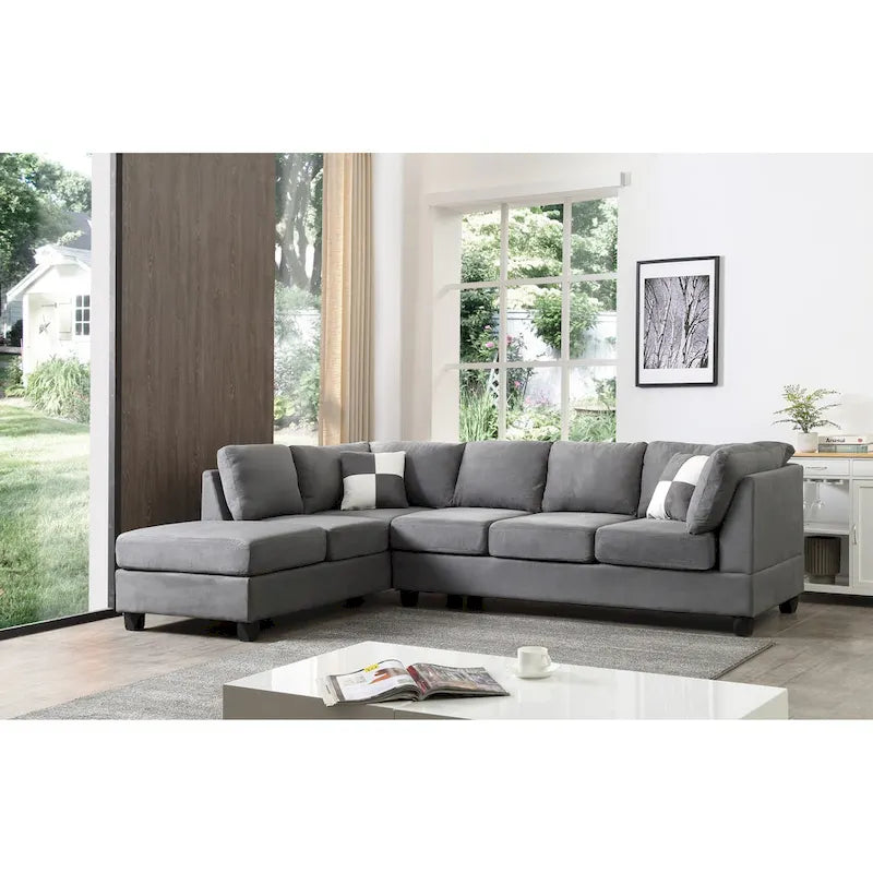 Malone 111-Inch Suede 4-Seater Sectional Sofa with Two Throw Pillows - Dimensions: 111L x 78W x 34H