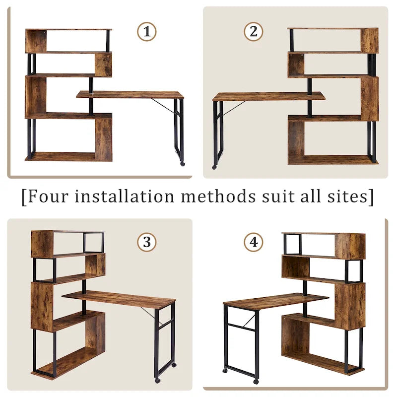 L-Shaped Corner Computer Desk with Rotating Features and 5-Tier Bookshelf for Home Office