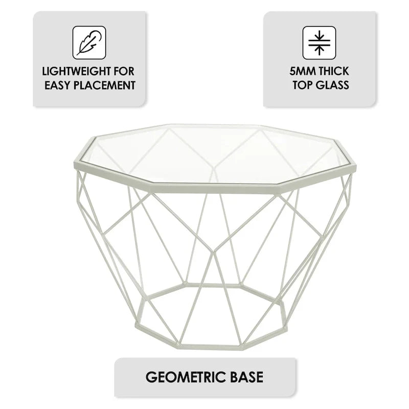 Malibu 22 Modern Octagonal Coffee Table with Tempered Glass Top and Durable Metal Geometric Base for Living Room or Office
