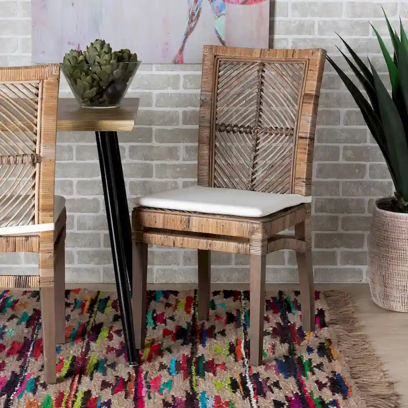 Laluna Contemporary Bohemian Rattan and Mahogany Dining Chair with Cushion