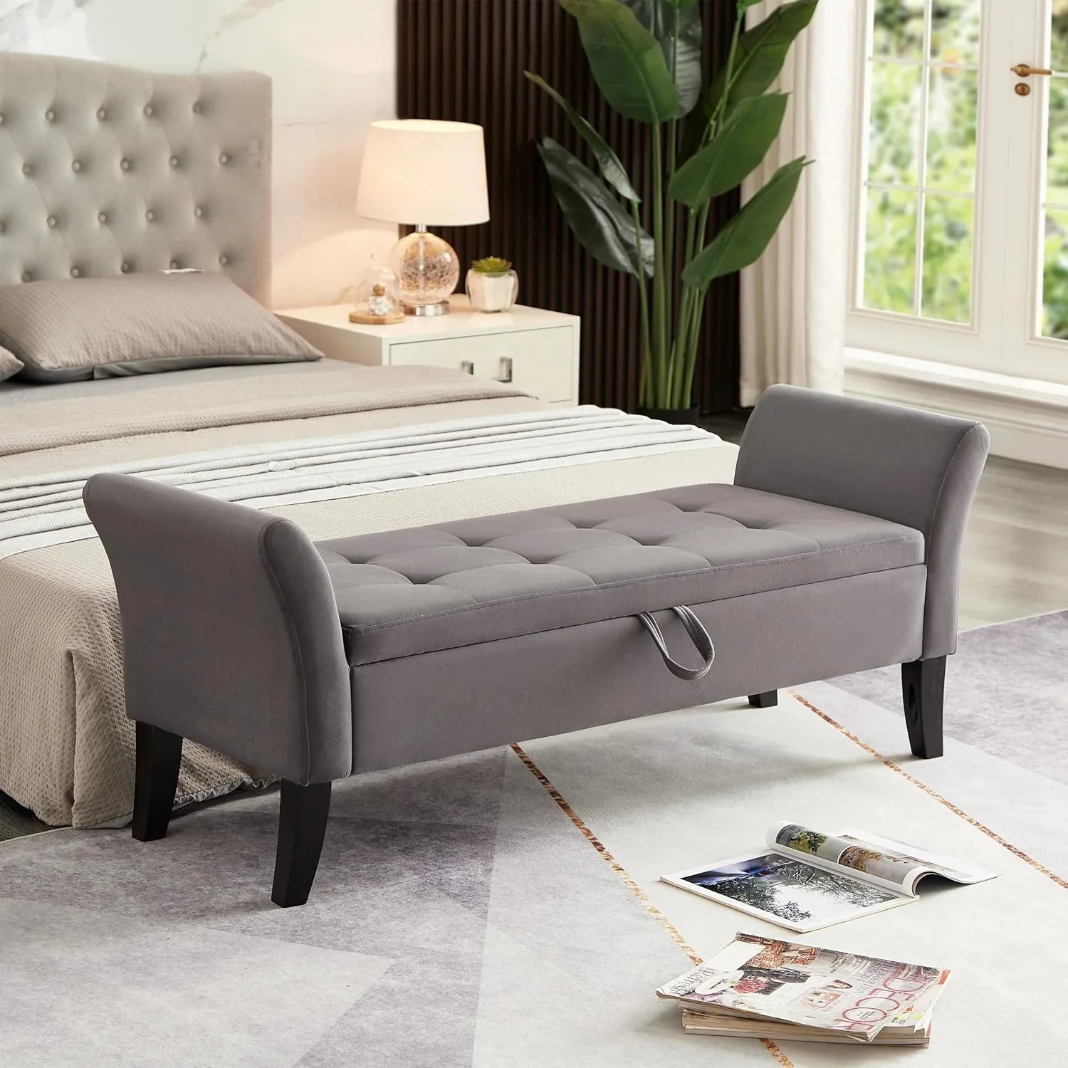 Furniliving Modern Storage Ottoman Bench, Sherpa Ottoman End of Bed Bench with Solid Wood Legs Upholstered Ottoman Benches with Storage Indoor Bench for Living Room with Rolled Arm, Entryway, White