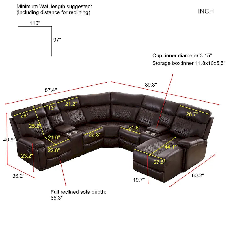 Mid-Century Modern Faux Leather Reclining Sectional Sofa