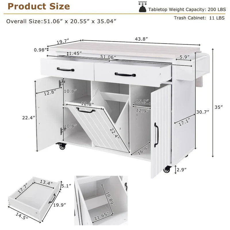 Kitchen Island with Built-In Trash Can Storage and Drop Leaf Cart