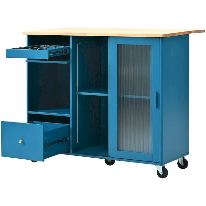 Kitchen Island with Drop Leaf Sliding Glass Doors and Storage on Wheels