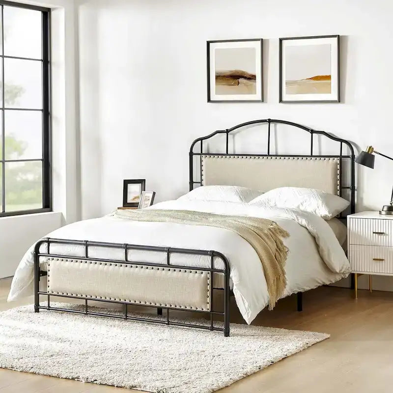 HULALA HOME Eufemia Industrial 62-Inch High Headboard Metal Platform Bed Frame