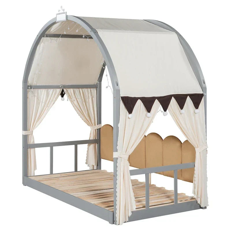 Gray Twin Bed with Arched Canopy and Trundle