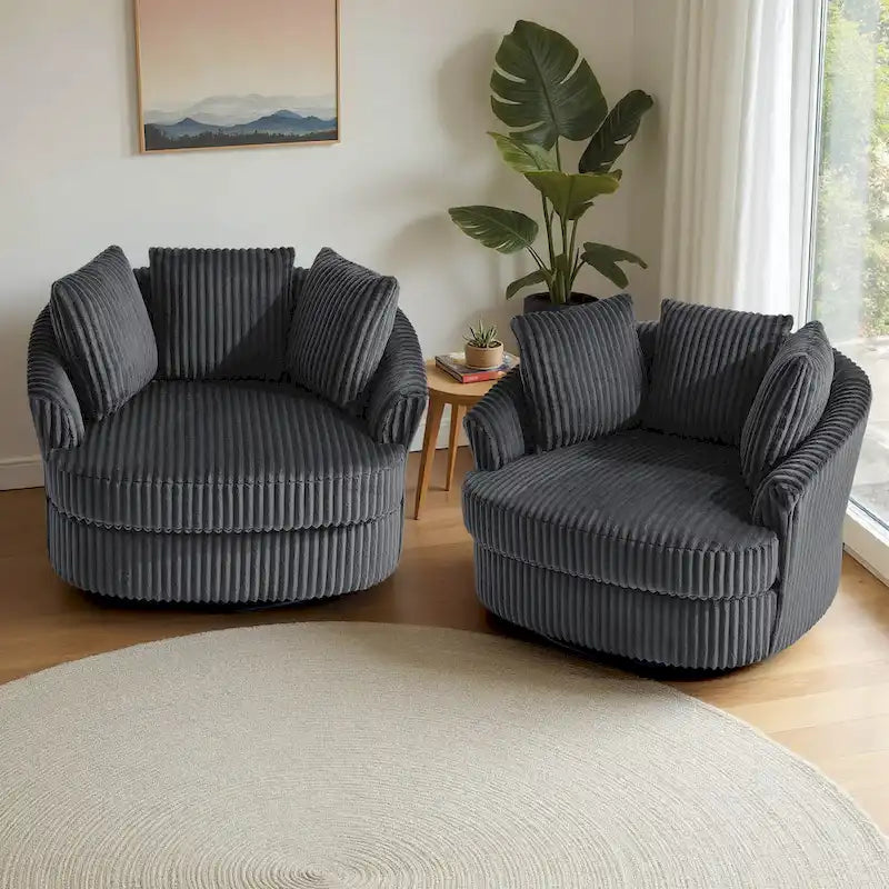 Set of 2 Oversized 43" Plush Corduroy Swivel Barrel Chairs with Cushions