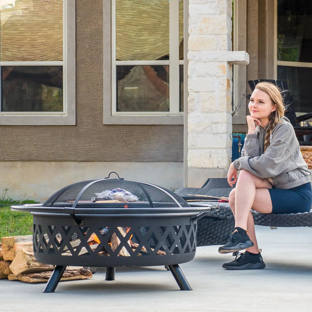 SUNCREAT 42�� Patio Fire Pit Wood Burning with Mesh Spark Screen, Bonfire Outdoor firepit with Fireplace Poker, Black