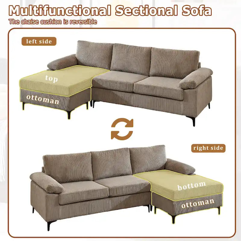 HOOOWOOO Reversible Corduroy Chaise Sofa with Wide Armrests and Ottoman for Living Room
