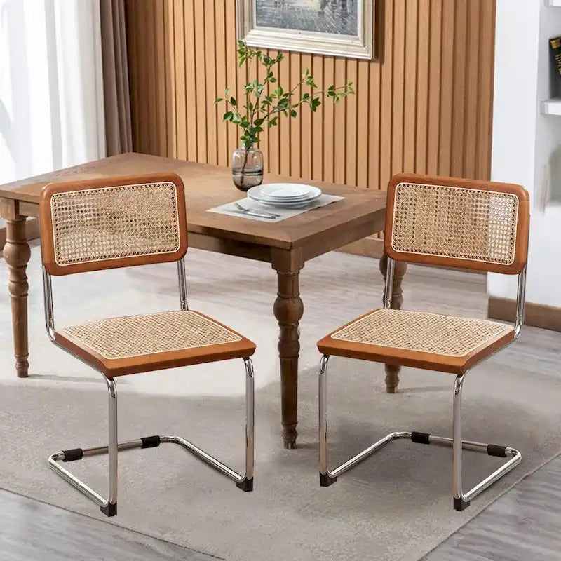 Set of 2 Upholstered Natural Rattan Dining Chairs - Armless Accent Side Chairs for Kitchen